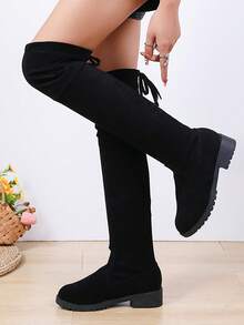 女式扁跟高筒絨面靴,一步踏入,秋冬時尚搭配 - 黑色 - 查看 6