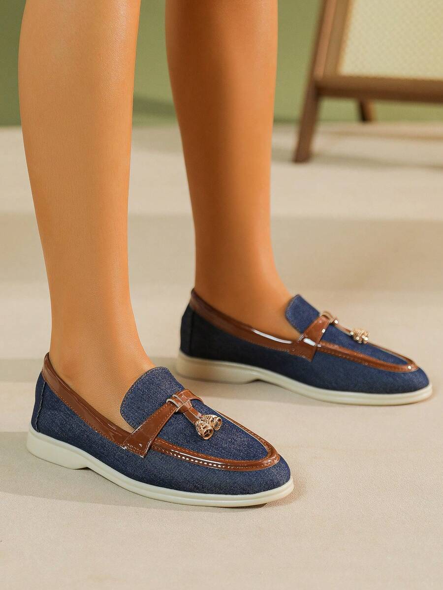 Women's Flat Bottom Flats With Low Vamp, Suitable For Fall And Winter, Work And Casual Wear, Leather Upper, Soft And Comfortable Bottom, Loafers In Large Size 41-43 - Blue - View 1