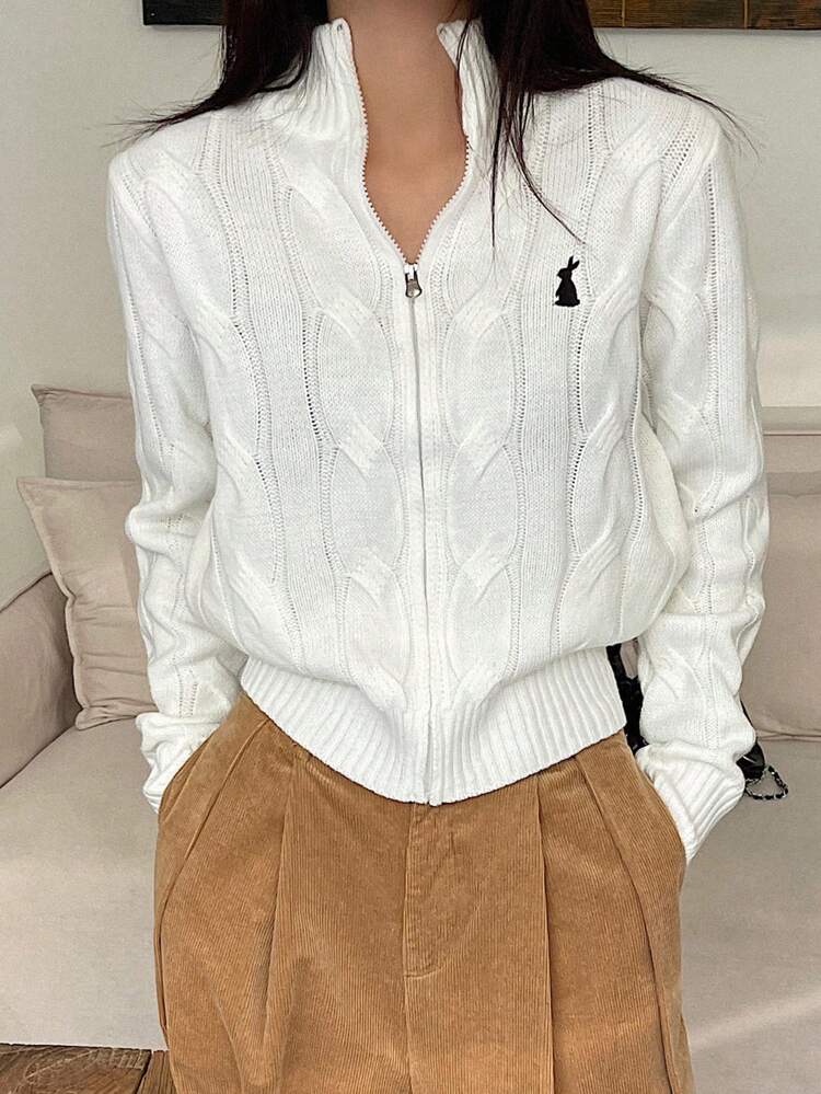 Women's Rabbit Embroidery Zipper Front Cardigan,Long Sleeve Tops Jacket