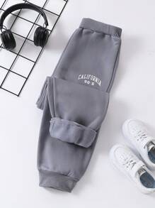 SHEIN Tween Boy 针织加厚保暖内衬运动裤，适合运动、休闲穿着和居家保暖 - 灰色 - 查看 1