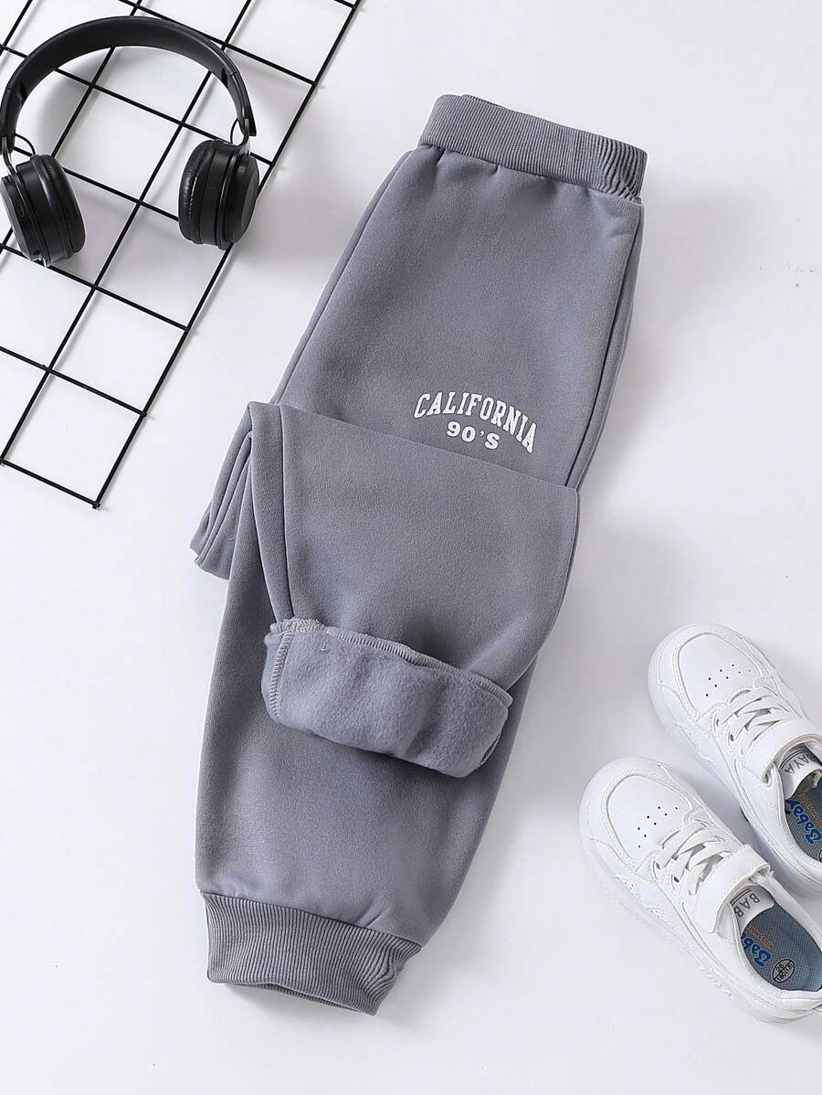 SHEIN Tween Boy 针织加厚保暖内衬运动裤，适合运动、休闲穿着和居家保暖 - 灰色 - 查看 1