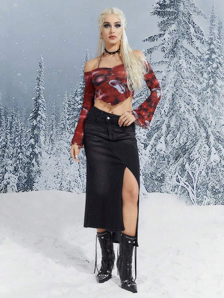 High Waist Split Thigh Denim Skirt