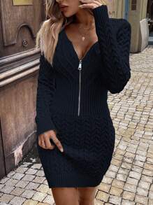 SHEIN LUNE Cable Knit Zipper Half Placket Sweater Dress Fall Cloth For Women - Navy Blue - View 5