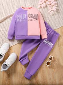 SHEIN Girls' 2pcs/set Casual Sportswear, Including Color-blocked Sweatshirt With Letter Print And Sports Pants. Suitable For Autumn And Winter Seasons. - Purple - View 1