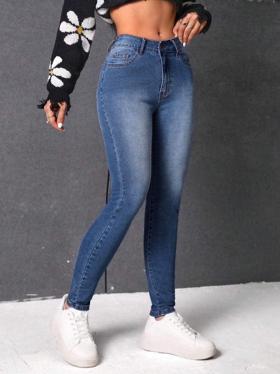 SHEIN EZwear 斜口袋緊身牛仔褲 - 藍色 - 查看 1