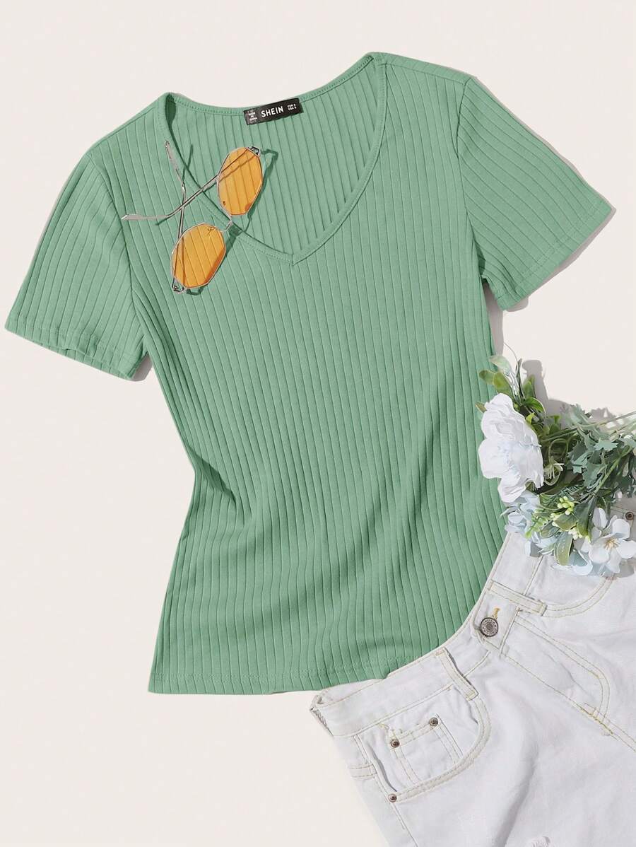 SHEIN Essnce 女款v領溜織t恤