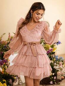 Simplee Dobby Mesh Overlay Flounce Sleeve Layered Hem Belted Dress - Dusty Pink - View 3