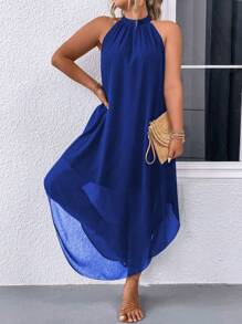 SHEIN Clasi Đầm Maxi Thời Trang Cổ Halterneck Màu Xanh Cỡ Lớn Cho Nữ - Màu xanh hải quân - Xem 6