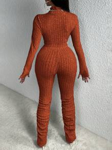 Slaydiva Slayr Casual Home Style Tailoring Cổ cao Khoét sâu Phía trước Ngắn Tay Dài Áo thun Quần dài xẻ gấu màu cam Bộ đồ hai mảnh bó dành cho nữ - Gỗ đỏ - Xem 2