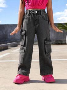 SHEIN Explorewe Young Girl Stylish Jeans With Multiple Accordion Pockets - Black - View 1