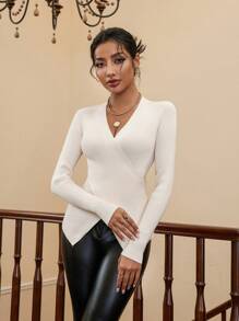 SHEIN Privé Solid Color V-neck Cross-wrap Asymmetric Hem Sweater - Apricot - View 3