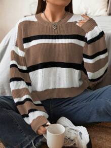 Flirla Kích thước lớn Ngắn Sọc Áo len Áo chui đầu - Màu Khaki - Xem 1