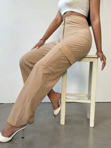 SHEIN Unity Women's Drawstring Waist & Patch Pocket Straight Pants, Long - Apricot - View 4