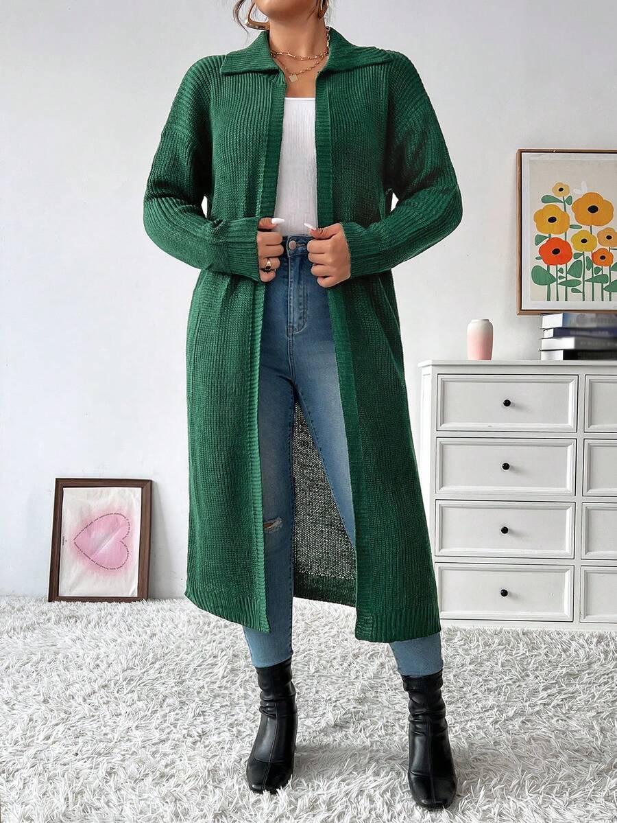 Celure Quý cô Kích thước lớn Collared Mặt trước Áo len Mở - Màu xanh lá cây đậm - Xem 1