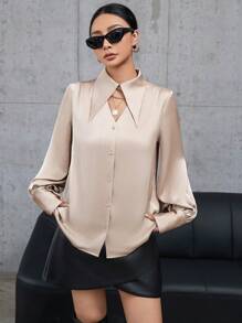 Aveloria Modichic Solid Color Long-Sleeved Shirt With Hollow Button Placket On The Front Elegant Business Casual Women  Fall Cloth For Women - Camel - View 5