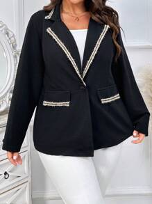 SHEIN LUNE Plus Size Women's Color-block Edge Single Button Blazer - Black - View 1