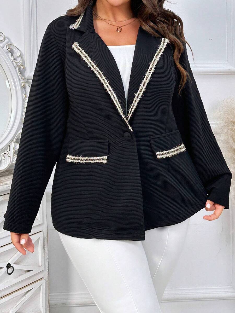 SHEIN LUNE Plus Size Women's Color-block Edge Single Button Blazer - Black - View 1