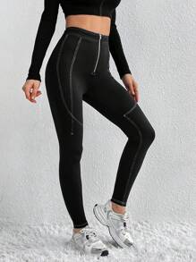 SHEIN Essnce سروال نسائي طويل مضغوط ومزين بسحاب ودرز علوي ضيق - الأسود - مشاهدة 6