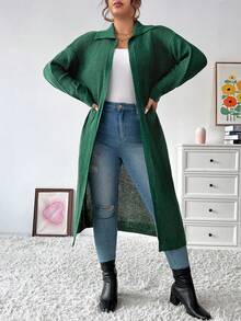 Celure Quý cô Kích thước lớn Collared Mặt trước Áo len Mở - Màu xanh lá cây đậm - Xem 4