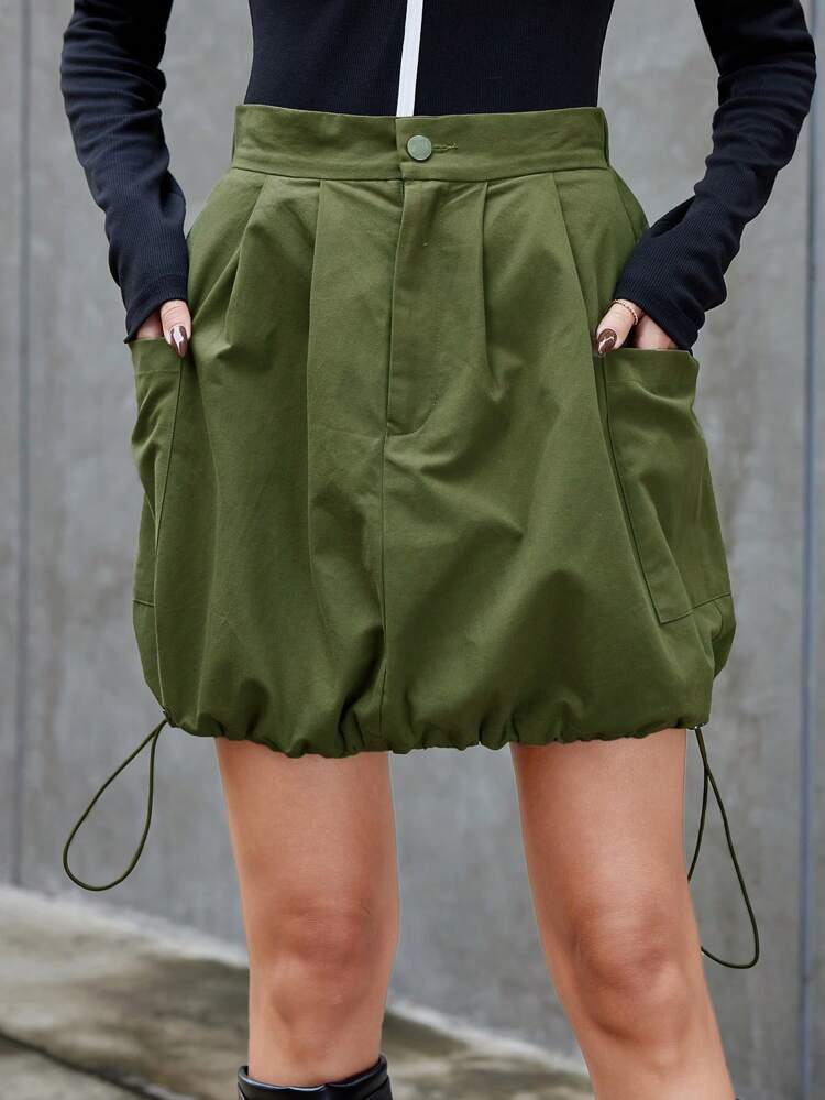 Solid Color Drawstring Hem Skirt