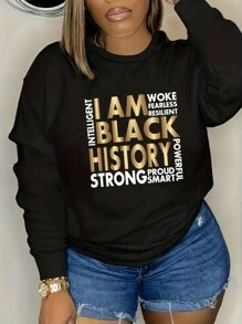 SHEIN EZwear 大尺碼女標語印花圓領衛衣 - 黑色 - 查看 1