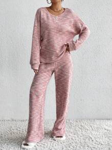 SHEIN Unity 段染落肩T恤和褲子 - 粉色 - 查看 6