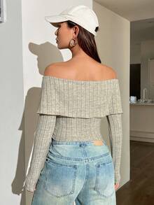 SHEIN EZwear Off Shoulder Đồ đan Ribbed Áo thun - Màu be - Xem 3