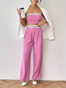 SHEIN Essnce Color Block Strapless Top And Straight Leg Pants Set - Red Violet - View 5