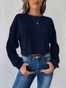 SHEIN Essnce Women's Solid Color Drop Shoulder Ribbed T-shirt - Navy Blue - View 4