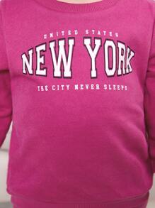 SHEIN 女嬰休閒粉紅字母印花運動衫和開叉下擺長褲套裝 - 玫紅色 - 查看 6