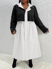 Slaydiva Của phụ nữ Kích thước lớn Khối màu áo có mũ Áo khoác Trench Với Mặt trước Dây kéo Và Eo dây rút - Đen và trắng - Xem 5