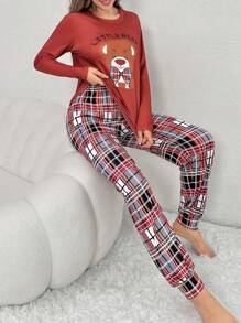 Của phụ nữ Gấu & Lá thư In Áo thun Và Kẻ sọc Dài Quần Bộ mặc nhà - Nhiều màu - Xem 5