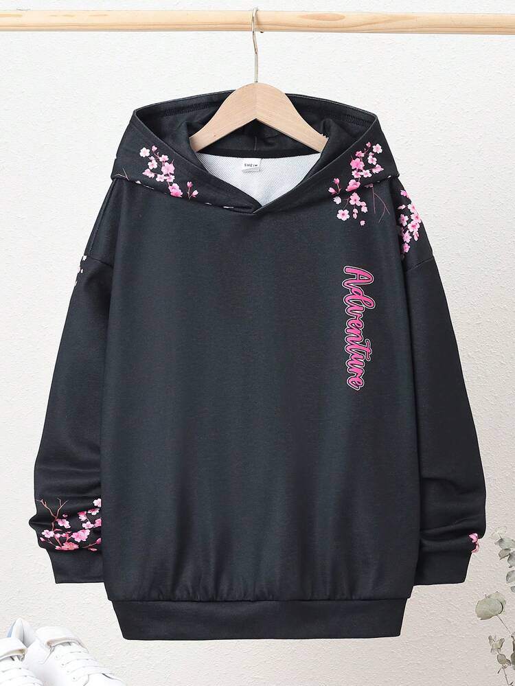 Boys' Loose Fit Hooded Dragon & Letter Patterned Sweatshirt