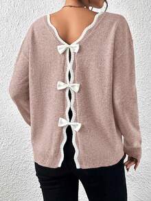 SHEIN Frenchy Viền tương phản Bowknot Trang trí Áo len - Hồng - Xem 3