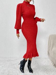 SHEIN Clasi Của phụ nữ Màu thuần Áo cao cổ Tay áo lồng đèn Đầm Áo len - Đỏ - Xem 6