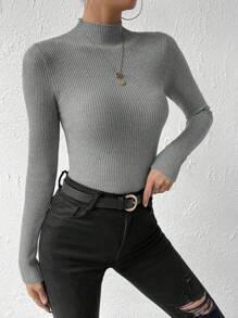 EMERY ROSE Women's Slim-Fit Grey Pullover Sweater,Long Sleeve Tops Knit Pullover Fall Winter Sweater - Light Grey - View 3