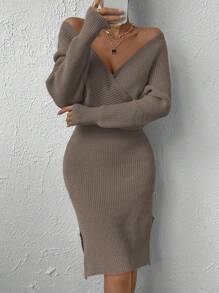 SHEIN Privé 女士交叉前緊身毛衣連衣裙 - 卡其色 - 查看 5