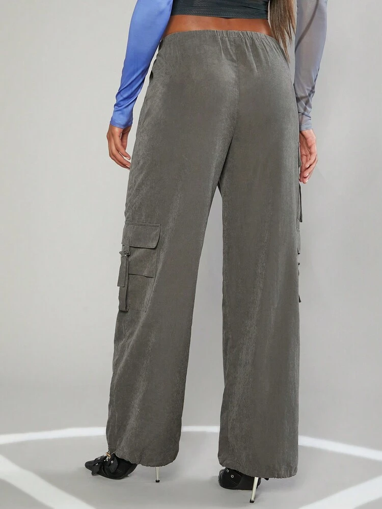 Solid Flap Pocket Drawstring Waist Cargo Pants