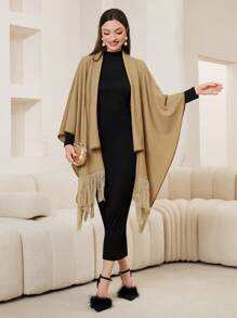 Lacomfia Women's Tassel Hem Batwing Sleeve Cape Jacket - Khaki - View 1
