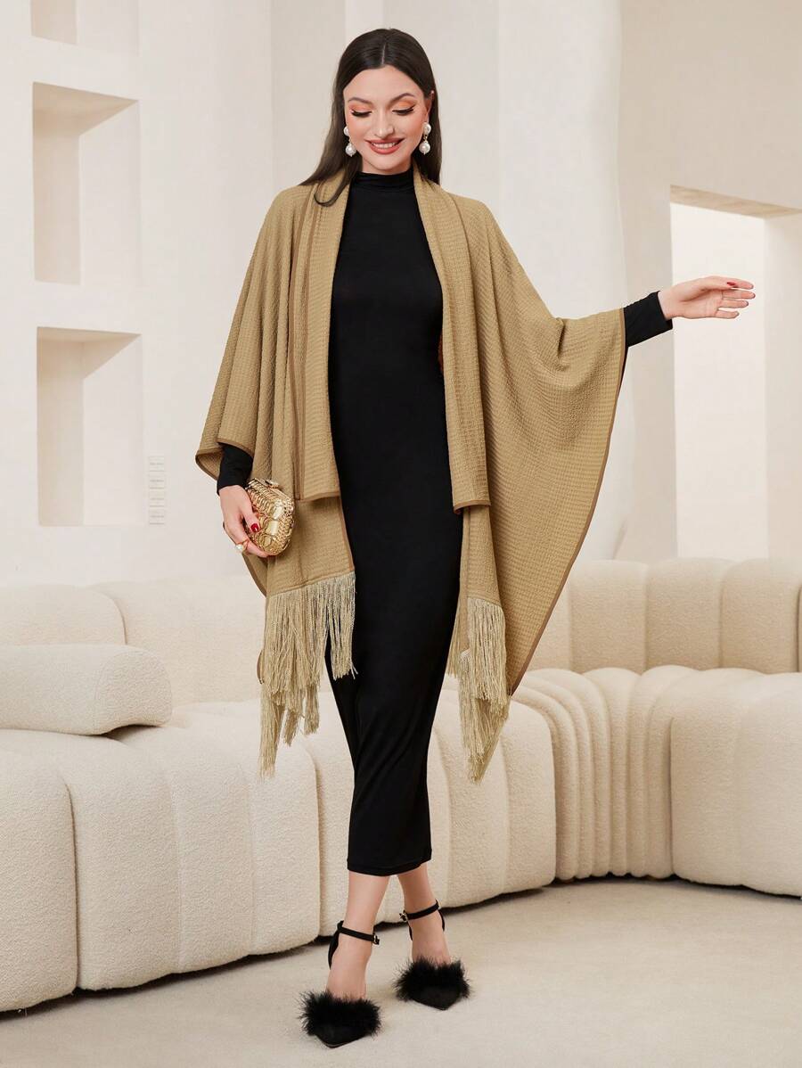 Lacomfia Women's Tassel Hem Batwing Sleeve Cape Jacket - Khaki - View 1