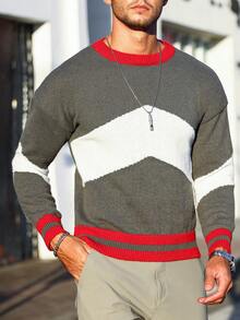 Manfinity Homme Men's Round Neck Color Block Sweater - Dark Grey - View 3