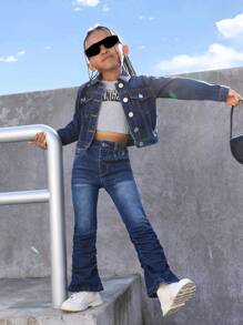 Young Girl Flap Detail Button Up Denim Jacket - Dark Wash - View 5