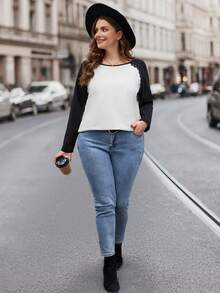 SHEIN LUNE Khối màu Tay Raglan Áo thun - Đen và trắng - Xem 4