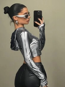 SHEIN ICON áo có mũ Ngắn Quần skinny Chặt Tay áo dài Áo thun - Bạc - Xem 3