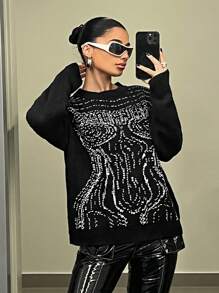 SHEIN ICON Extra-loose Fit Women's Sweater With Human Body Pattern - Black and White - View 5