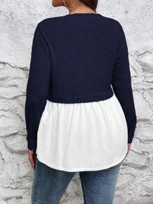 SHEIN LUNE 大碼顏色對比假兩件上衣適合女士 - 藏蓝色 - 查看 2