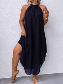 SHEIN Clasi Women's Plus Size Halter Neck Solid Color Dress Maxi Women Outfit