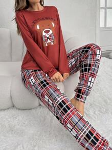 Của phụ nữ Gấu & Lá thư In Áo thun Và Kẻ sọc Dài Quần Bộ mặc nhà - Nhiều màu - Xem 4