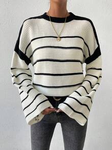 Chiquease Của phụ nữ Sọc Thả vai Lỏng lẻo Áo len - Đen và trắng - Xem 5