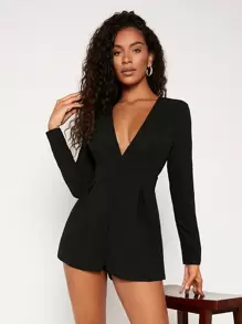 SHEIN BAE Deep V Neck Fold Pleated Romper - Black - View 2